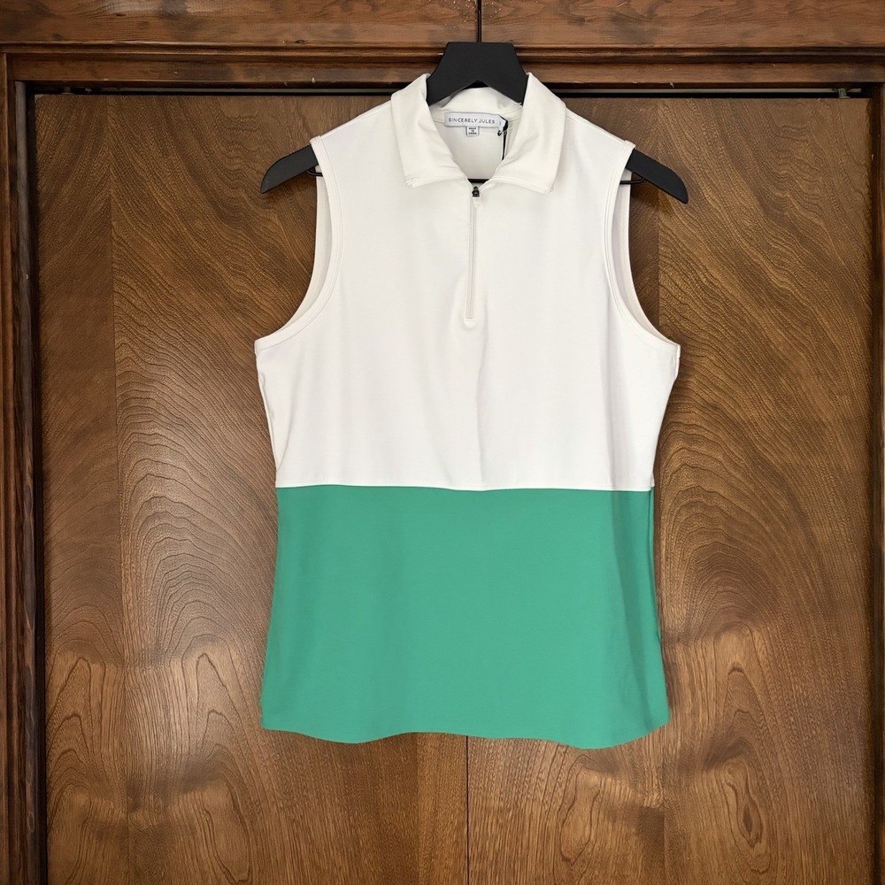 NWT Sincerely Jules Medium Polo Tank Top Performance Green White Colorblock Golf